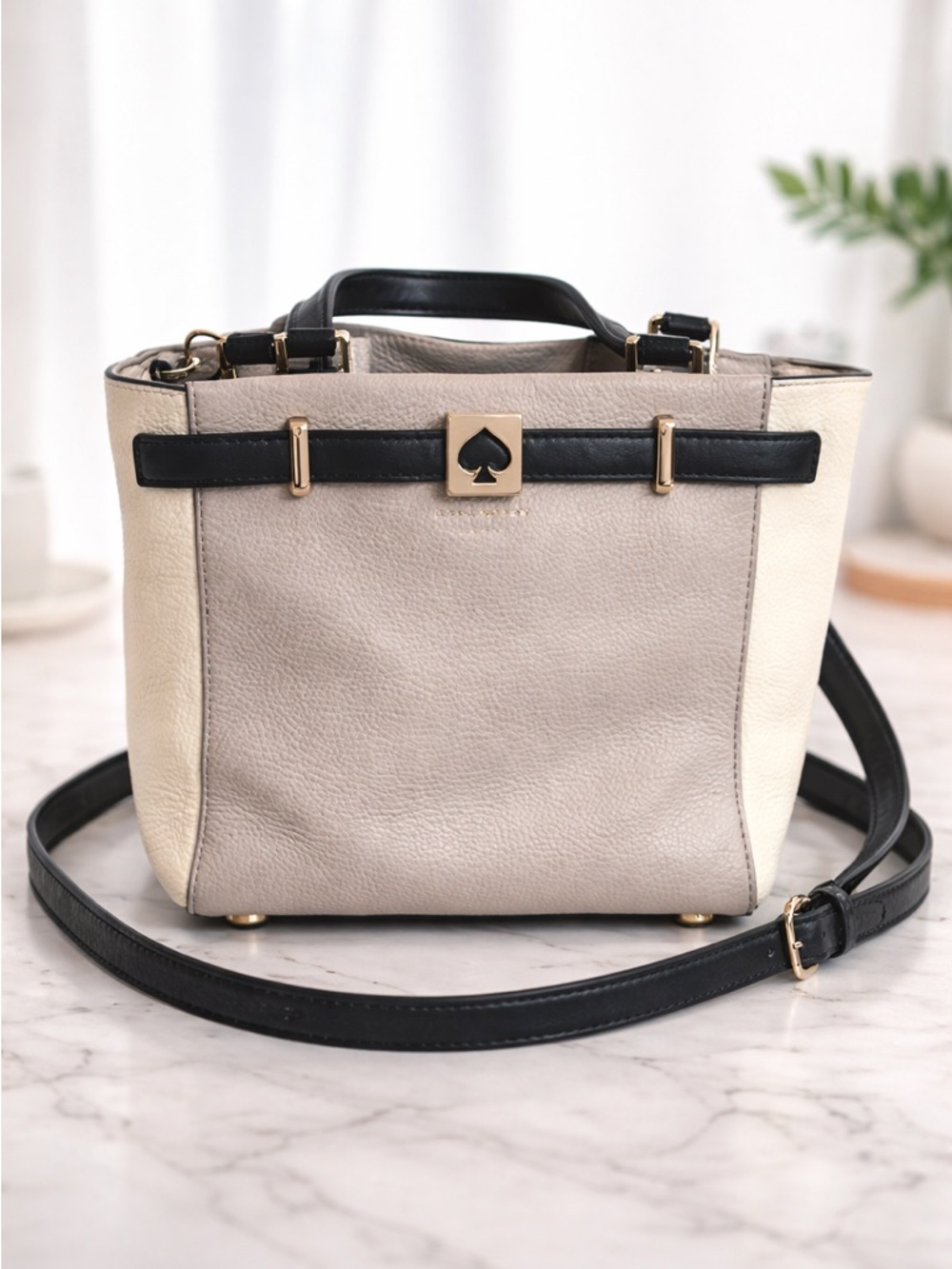 Kate Spade Vintage Pebbled Leather Satchel Crossbody Cream Black Gold Hardware